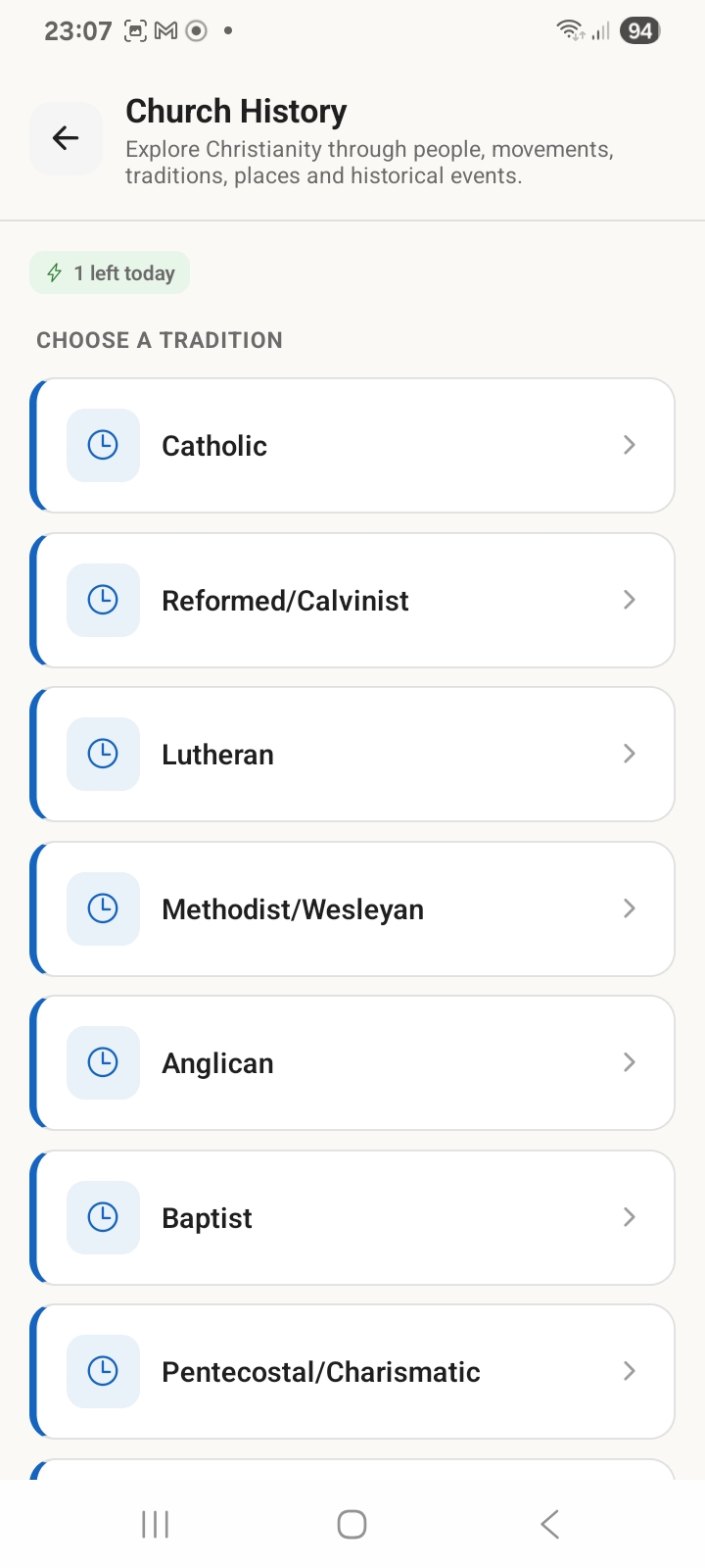Berean App Church History tradition picker