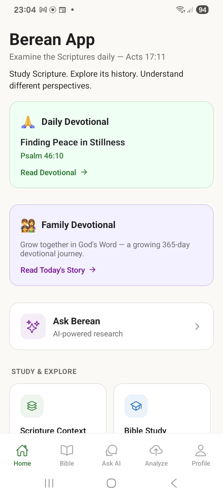 Berean App home screen showing Daily Devotional, Family Devotional and Ask Berean