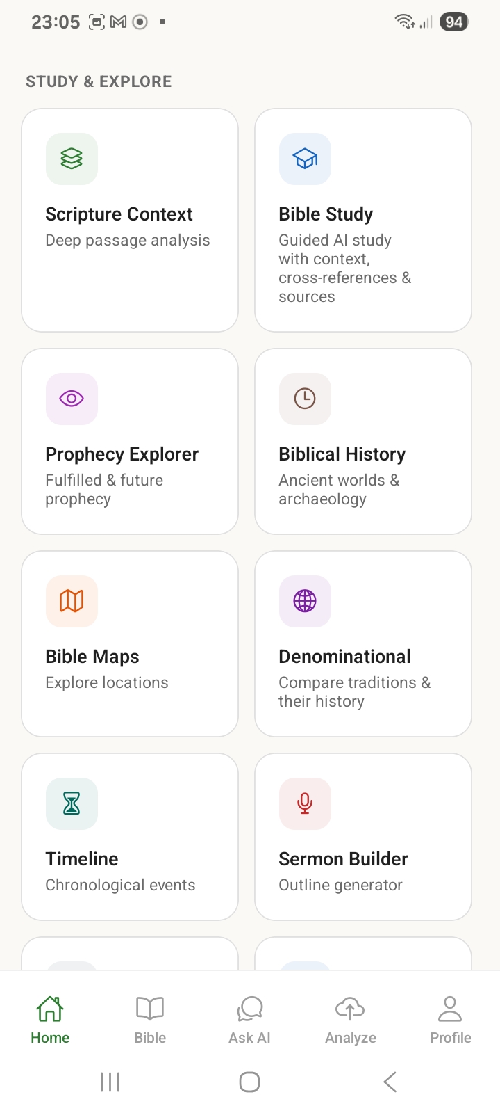Berean App Study and Explore feature grid